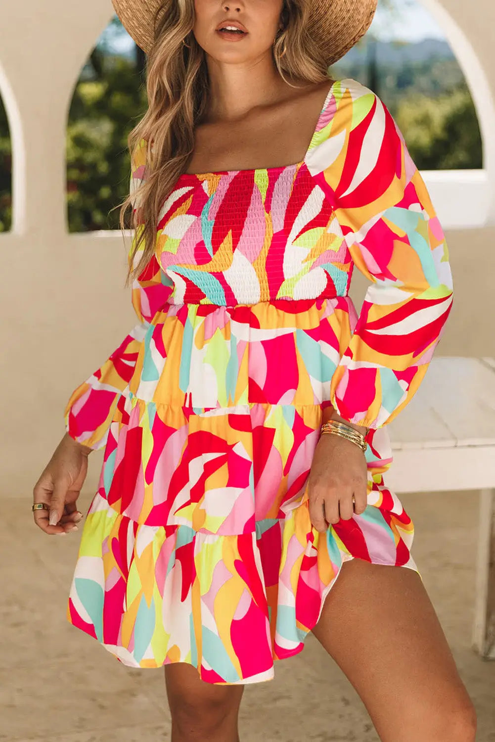 Multicolor geometric print smocked babydoll mini dress - multicolor1 / s / 100% polyester - dresses