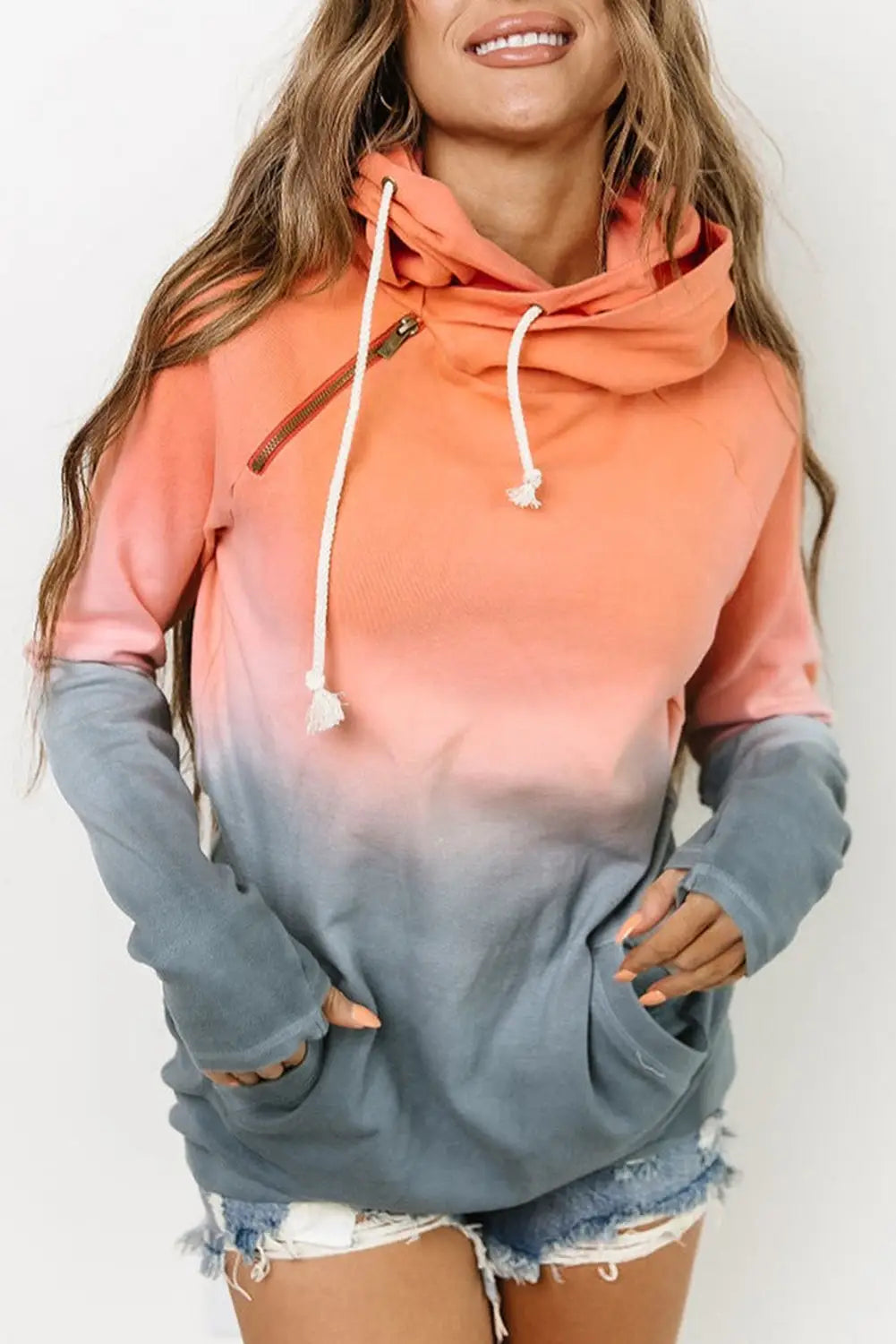 Multicolor gradient thumbhole sleeve pocketed zipper hoodie - s / 95% polyester + 5% elastane - sweatshirts & hoodies