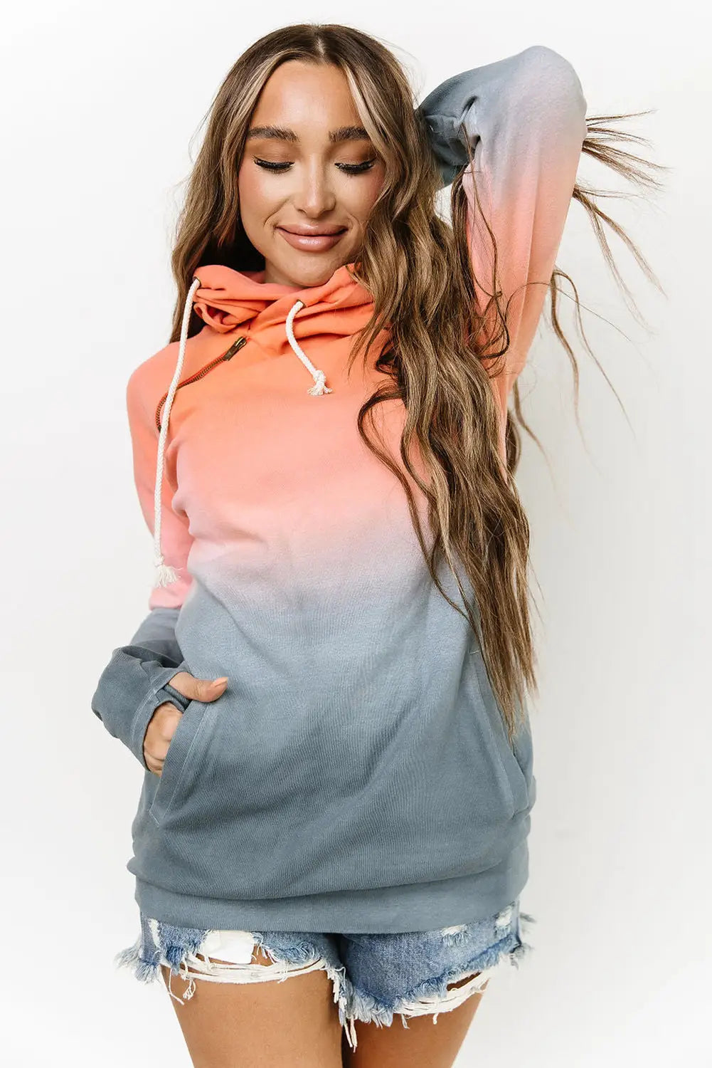 Multicolor gradient thumbhole sleeve pocketed zipper hoodie - sweatshirts & hoodies