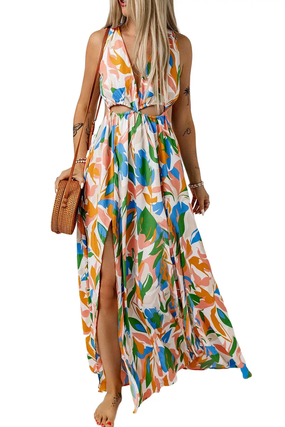 Multicolor leaf print cut-out high slit maxi dress - dresses