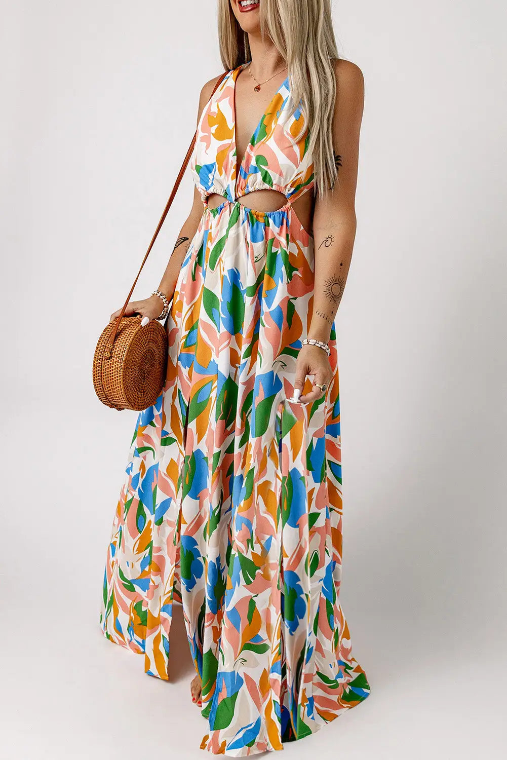 Multicolor leaf print cut-out high slit maxi dress - dresses