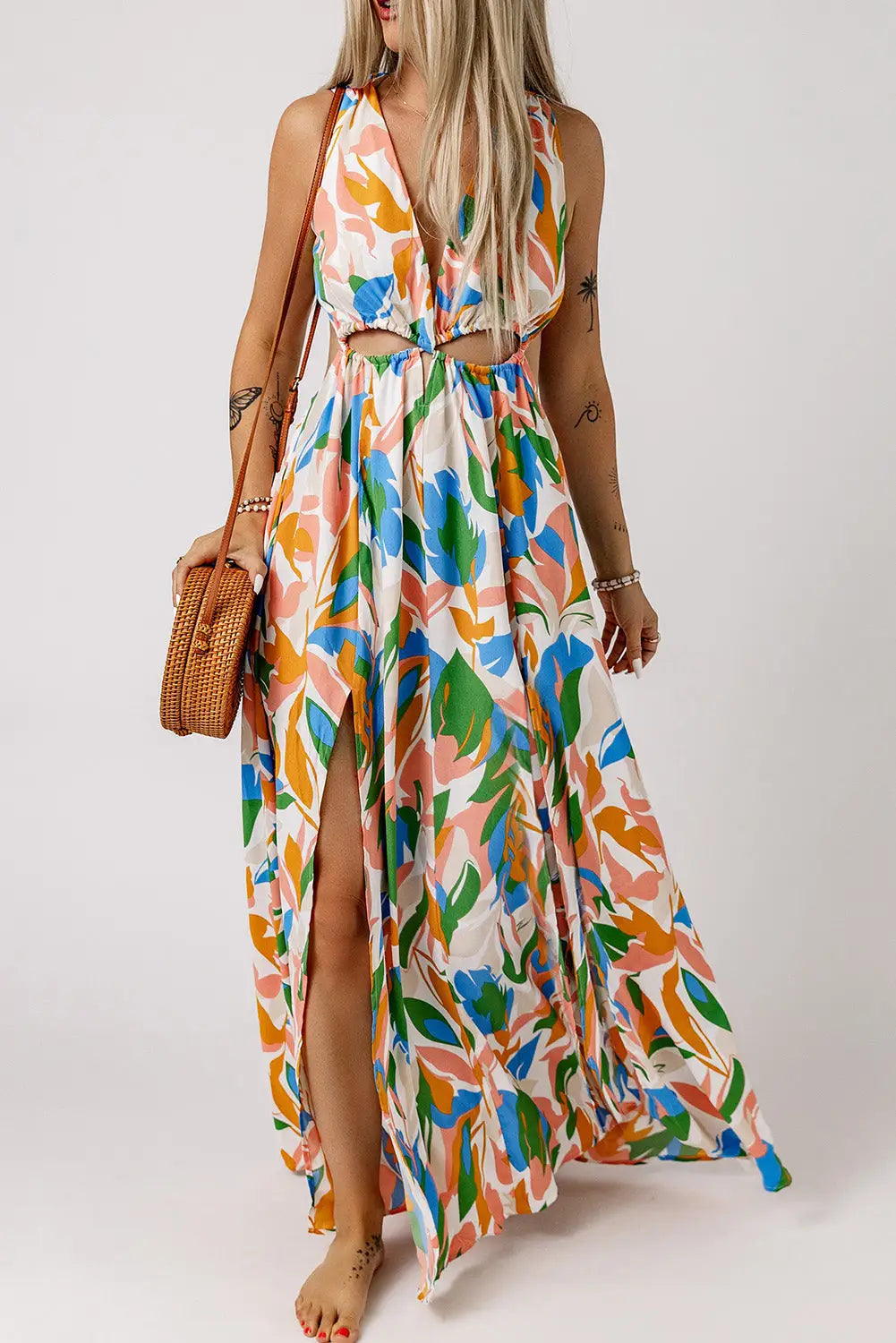 Multicolor leaf print cut-out high slit maxi dress - s / 100% polyester - dresses