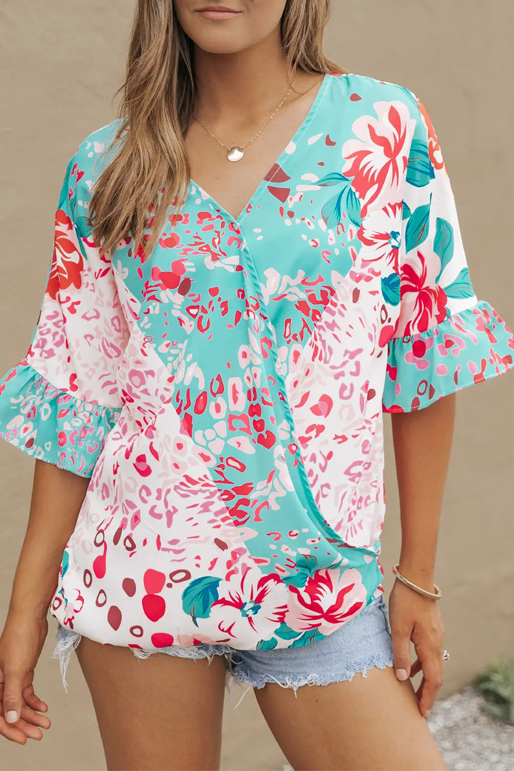 Multicolor leopard floral mixed print ruffle sleeve surplice blouse - blouses & shirts