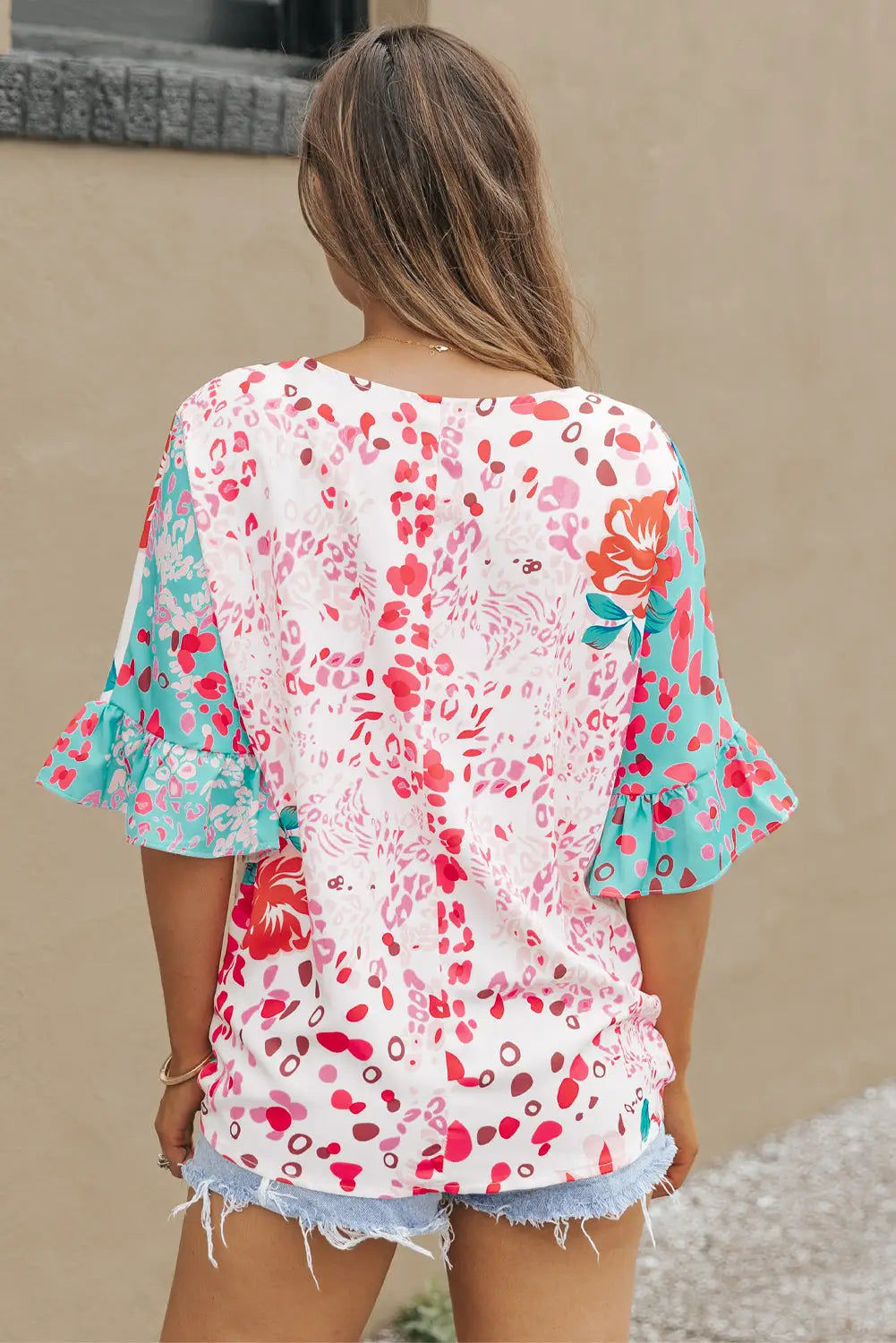Multicolor leopard floral mixed print ruffle sleeve surplice blouse - blouses & shirts