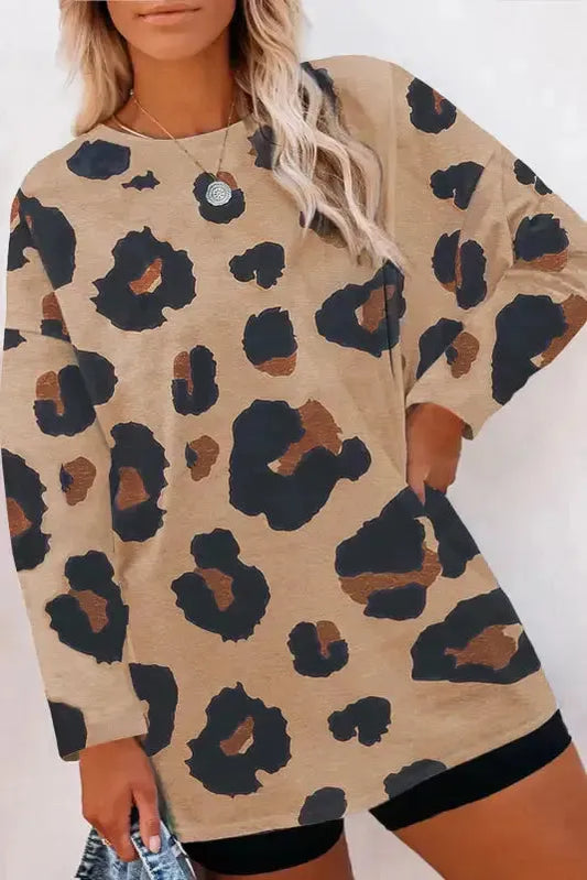 Multicolor Leopard Print Long Sleeve Plus Size T-Shirt - Fashionfitz
