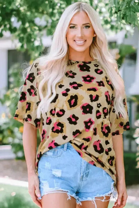 Multicolor Leopard Print Long Sleeve Plus Size T-Shirt - Fashionfitz