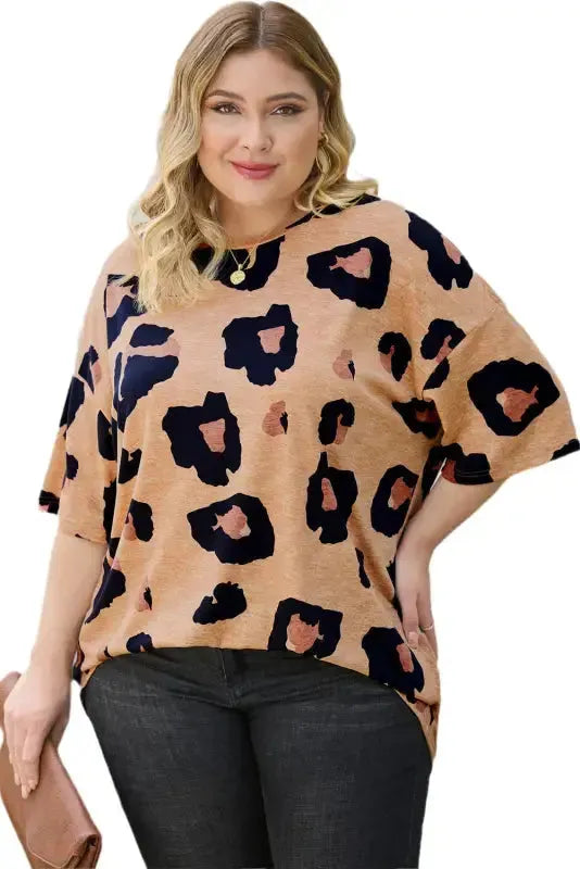 Multicolor Leopard Print Long Sleeve Plus Size T-Shirt - Fashionfitz