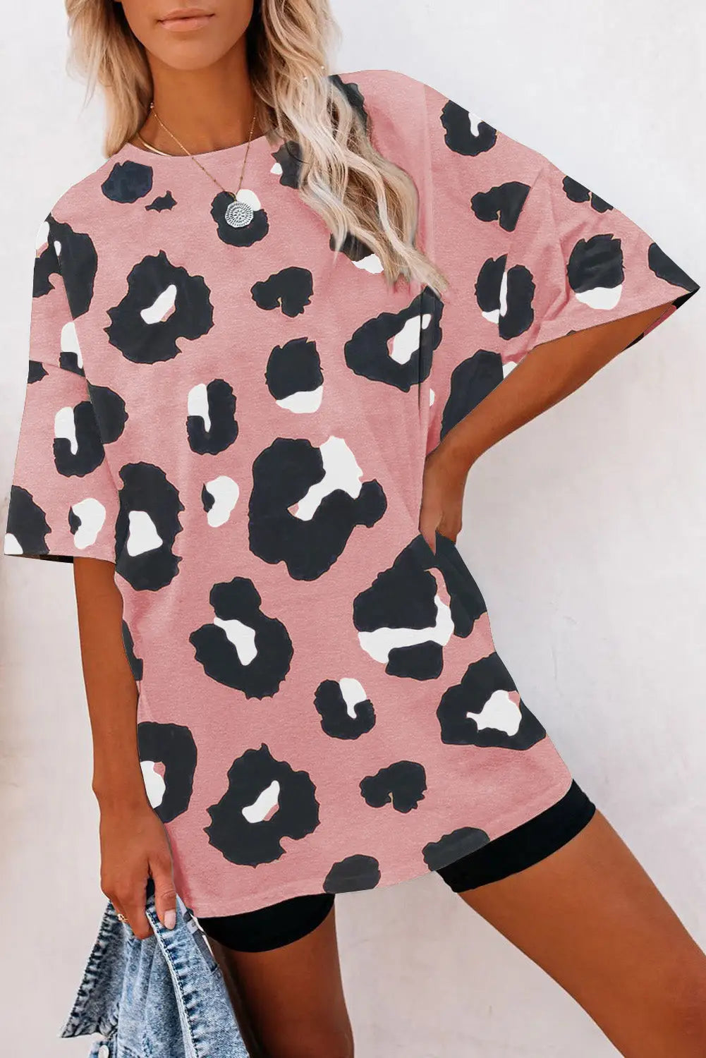 Multicolor leopard print long sleeve plus size t-shirt - pink / s / 95% polyester + 5% elastane