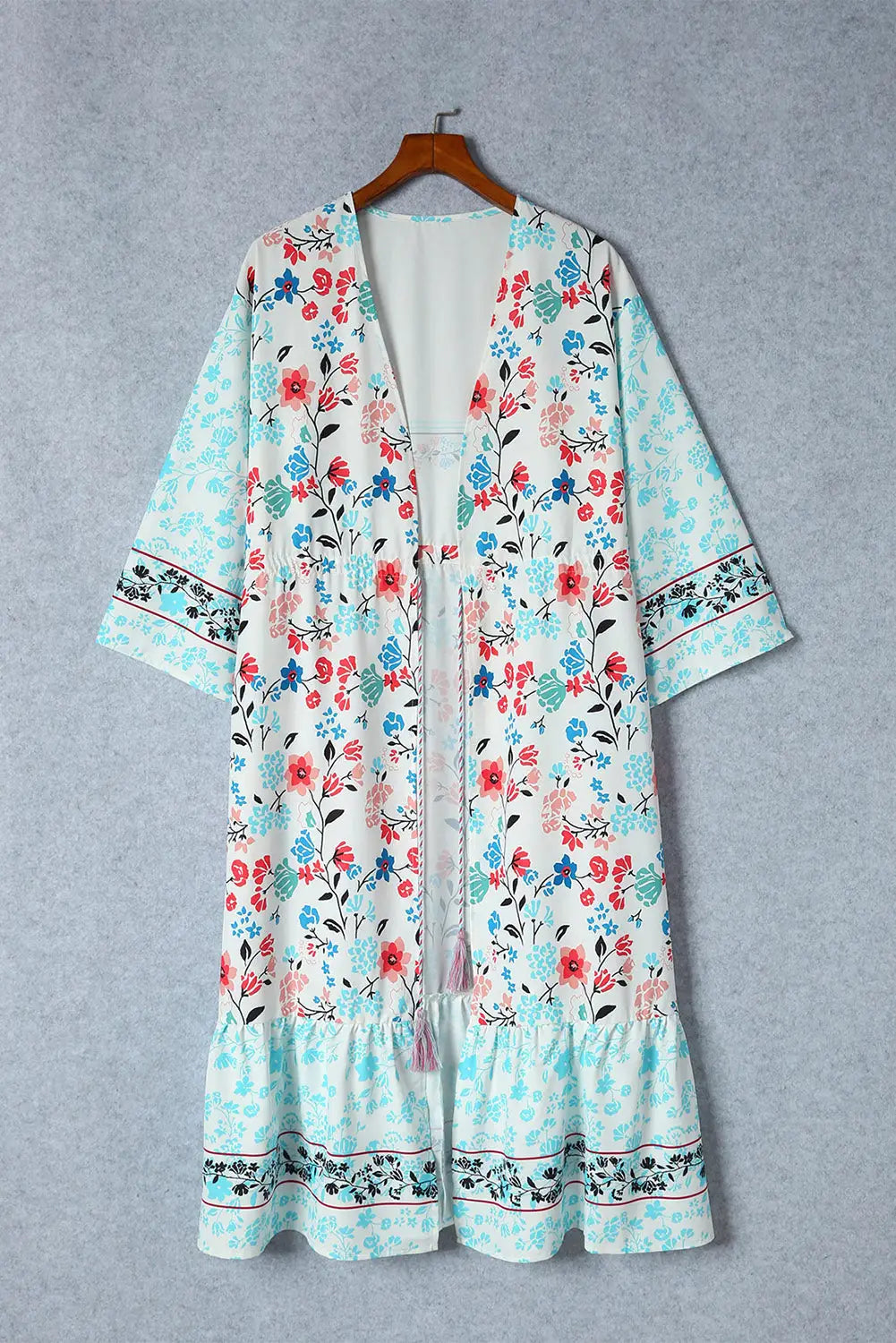 Multicolor long sleeve tassel tie floral kimono - outerwear