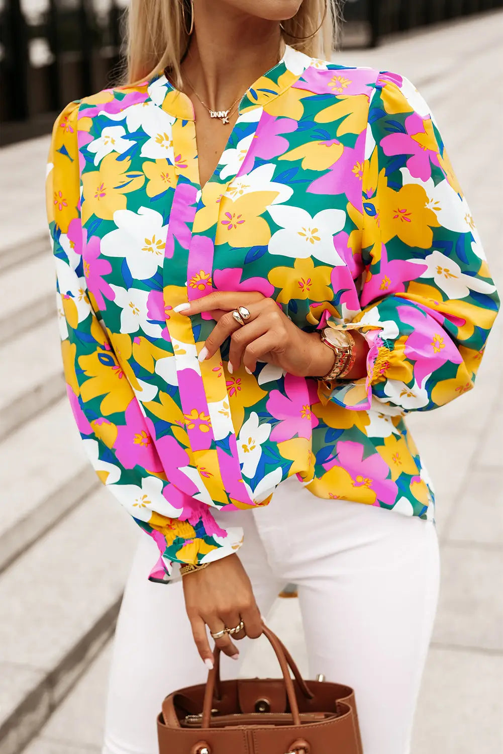 Multicolor magenta gold floral v neck lantern sleeve blouse - tops
