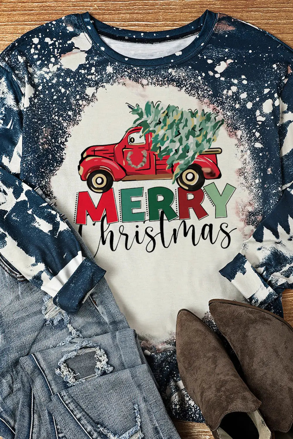 Multicolor merry christmas bleached long sleeve top - graphic tops