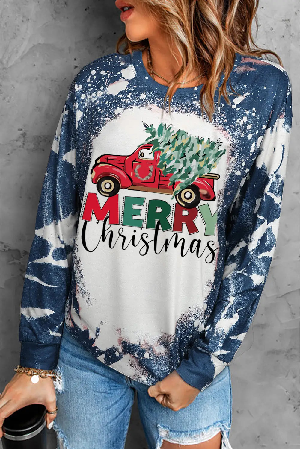Multicolor merry christmas bleached long sleeve top -