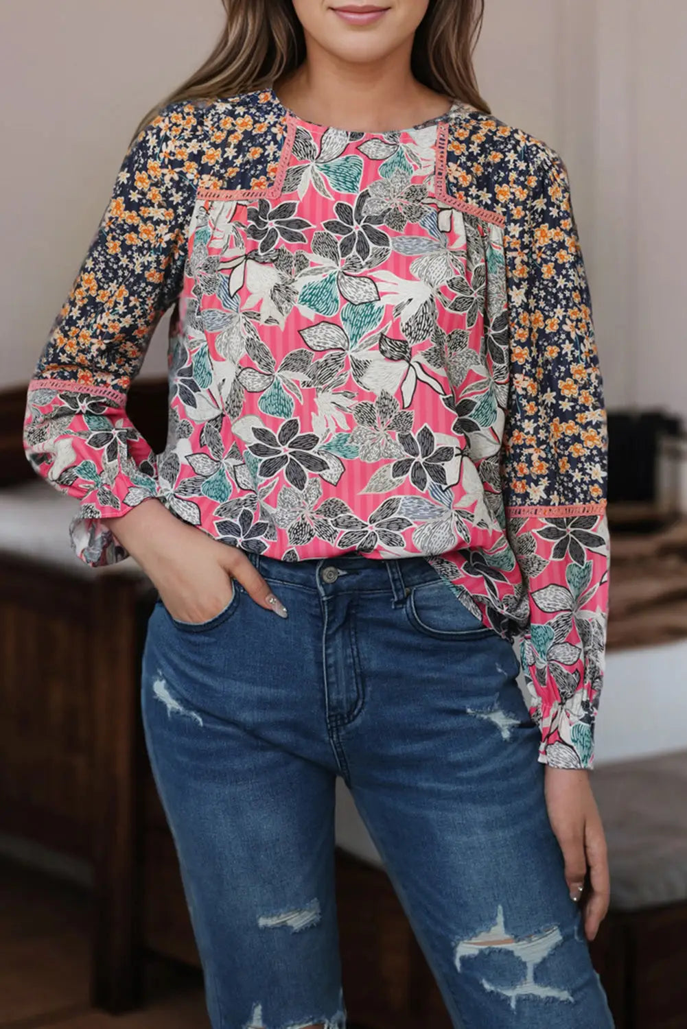 Multicolor mix floral balloon sleeve ruffled cuff blouse - tops
