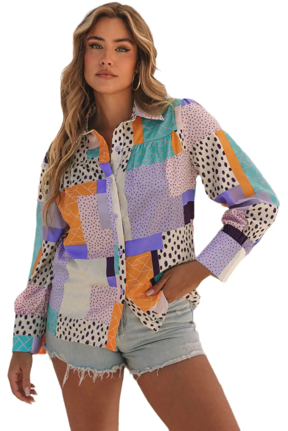 Multicolor mixed print button front cuffed sleeve shirt - tops