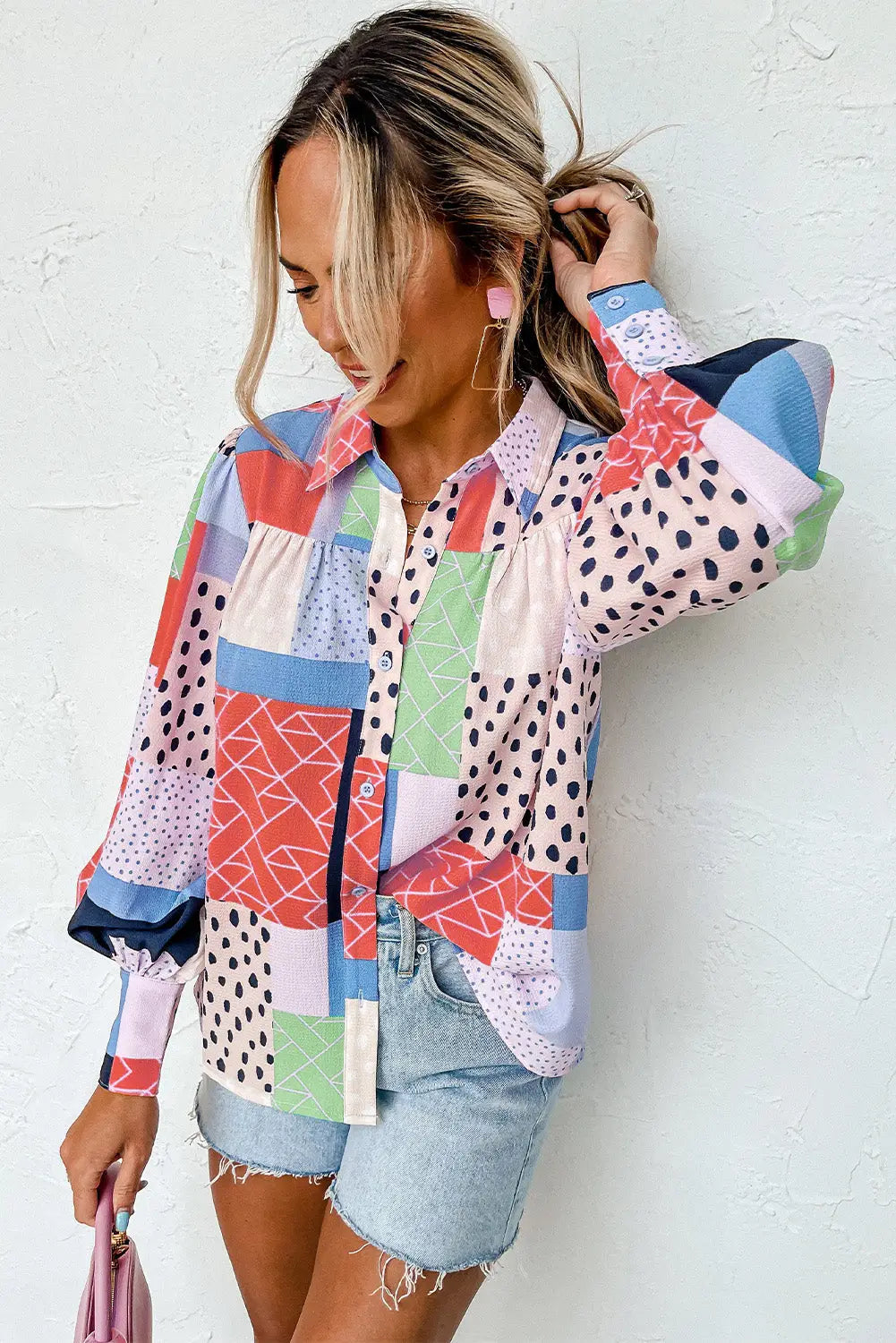 Multicolor mixed print button front cuffed sleeve shirt - tops