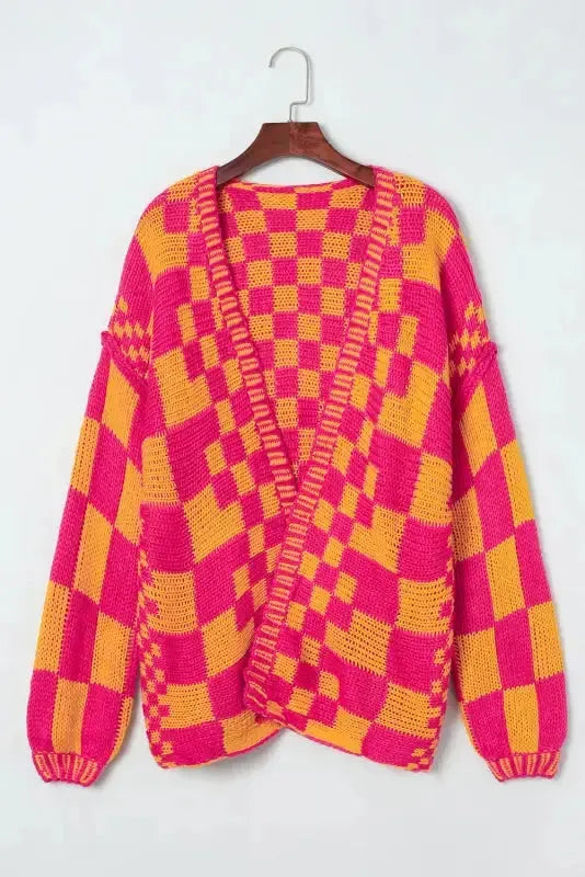 Multicolor Open Front Mixed Checkered Pattern Knit Cardigan - Fashionfitz