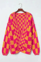 Multicolor Open Front Mixed Checkered Pattern Knit Cardigan - Fashionfitz