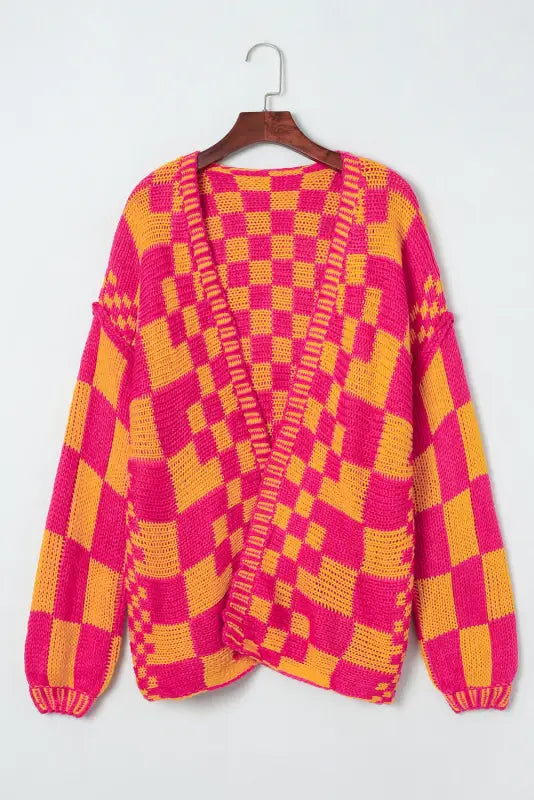 Multicolor open front mixed checkered pattern knit cardigan - sweaters & cardigans