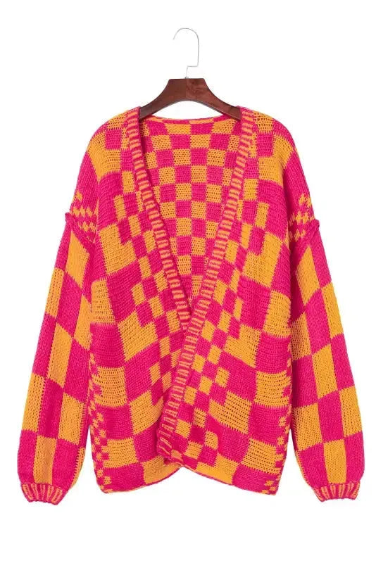 Multicolor Open Front Mixed Checkered Pattern Knit Cardigan - Fashionfitz