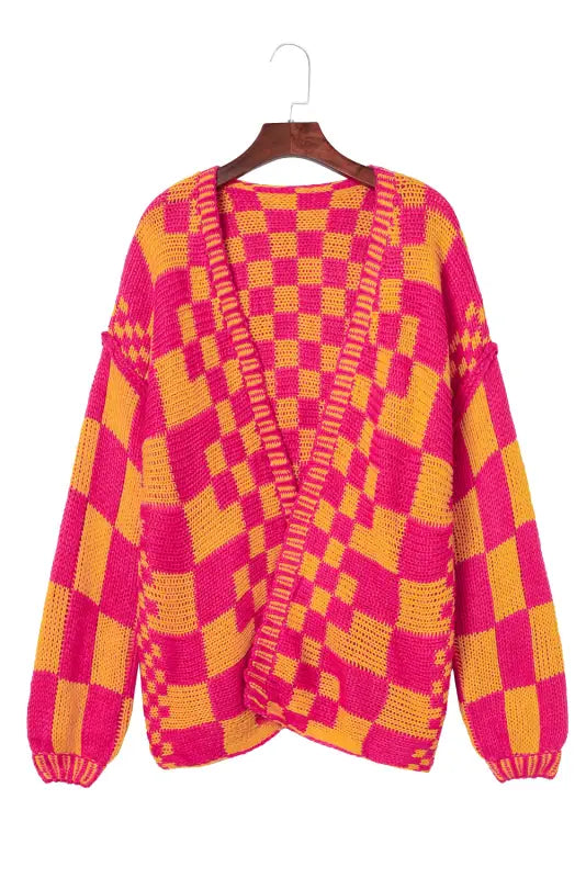 Multicolor open front mixed checkered pattern knit cardigan - sweaters & cardigans