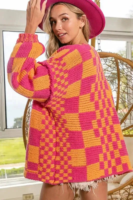 Multicolor Open Front Mixed Checkered Pattern Knit Cardigan - Fashionfitz