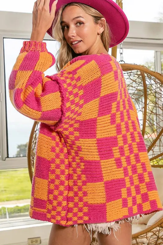 Multicolor open front mixed checkered pattern knit cardigan - sweaters & cardigans