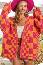 Multicolor Open Front Mixed Checkered Pattern Knit Cardigan - Fashionfitz