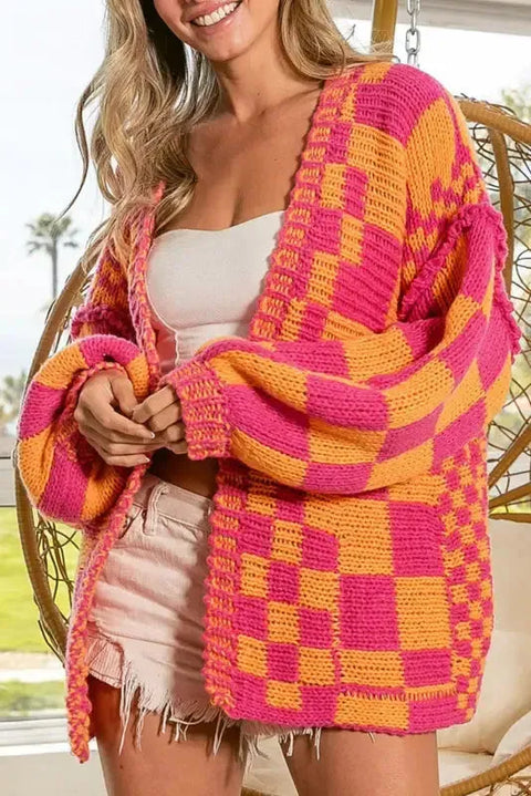 Multicolour checkered open front knit cardigan front view — Fashionfitz UK