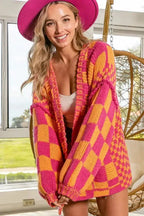 Multicolor Open Front Mixed Checkered Pattern Knit Cardigan - Fashionfitz