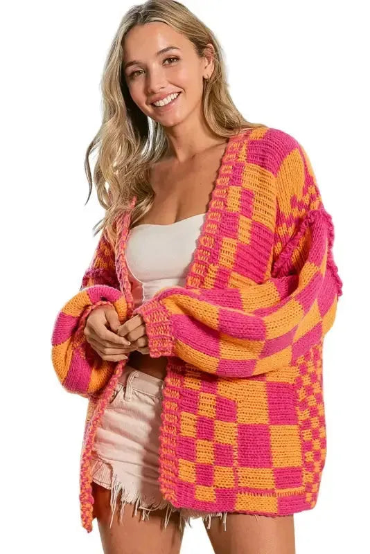 Multicolor Open Front Mixed Checkered Pattern Knit Cardigan - Fashionfitz
