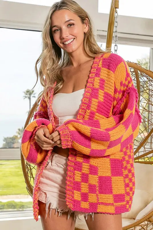 Multicolor open front mixed checkered pattern knit cardigan - sweaters & cardigans