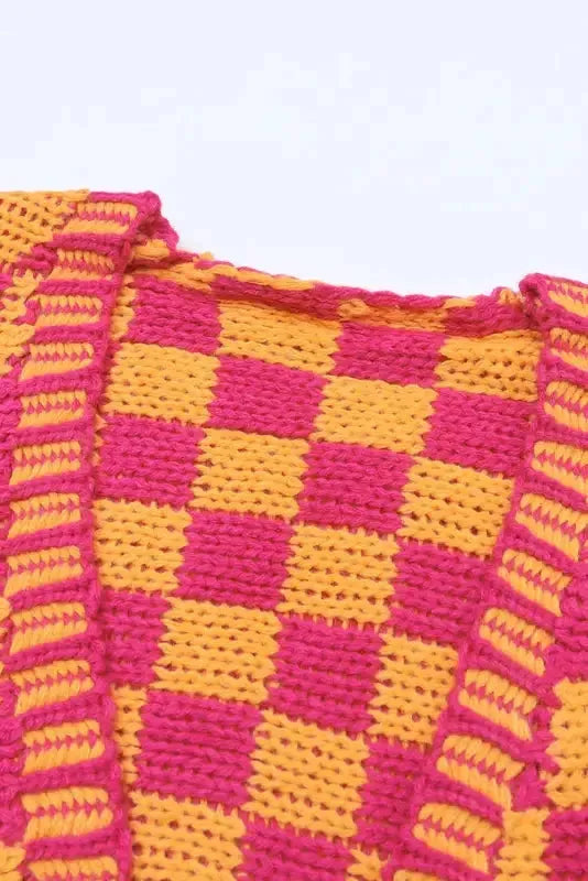 Multicolor Open Front Mixed Checkered Pattern Knit Cardigan - Fashionfitz
