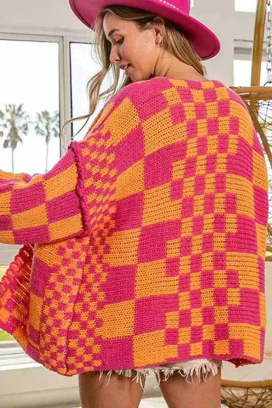 Multicolor Open Front Mixed Checkered Pattern Knit Cardigan - Fashionfitz