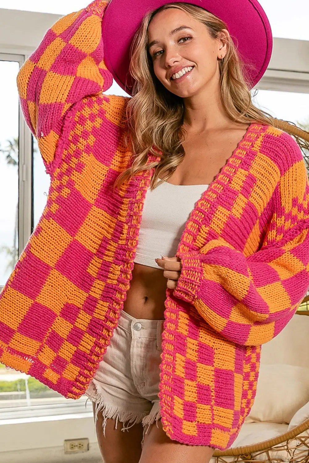 Multicolor open front mixed checkered pattern knit cardigan - sweaters & cardigans