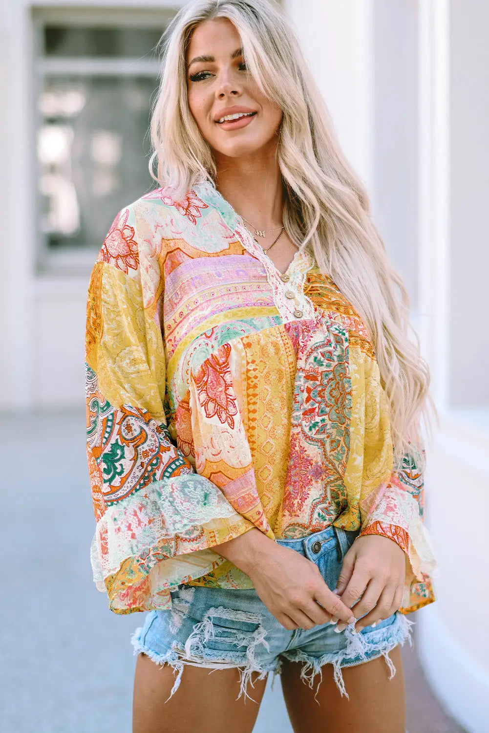 Multicolor paisley print bell sleeve lace v-neck button sheer blouse - tops