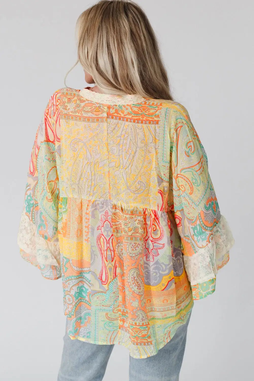 Multicolor paisley print bell sleeve lace v-neck button sheer blouse - tops