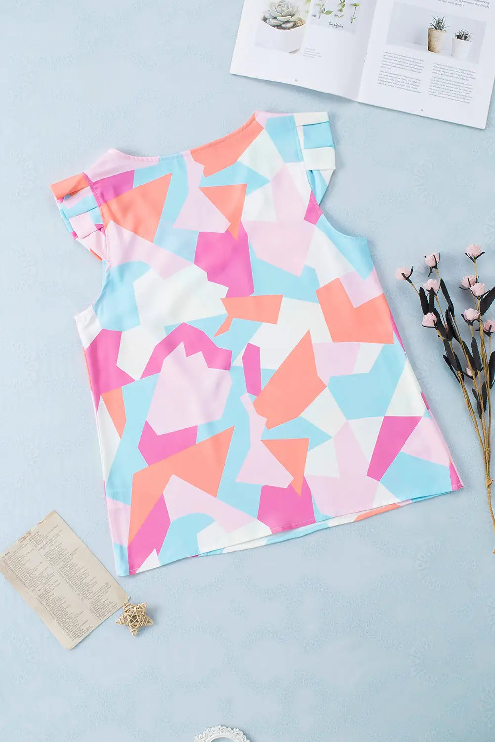 Multicolor pastel geometric print v-neck pleated cap sleeve top - t-shirts