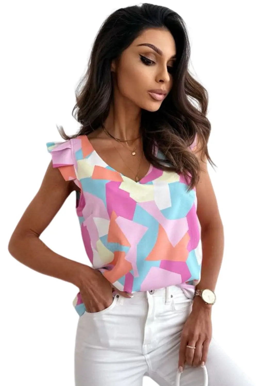 Multicolor pastel geometric print v-neck pleated cap sleeve top - t-shirts