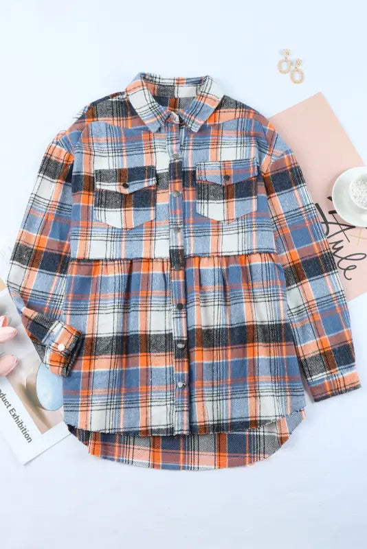 Multicolor plaid button down ruffled shirt jacket - shackets