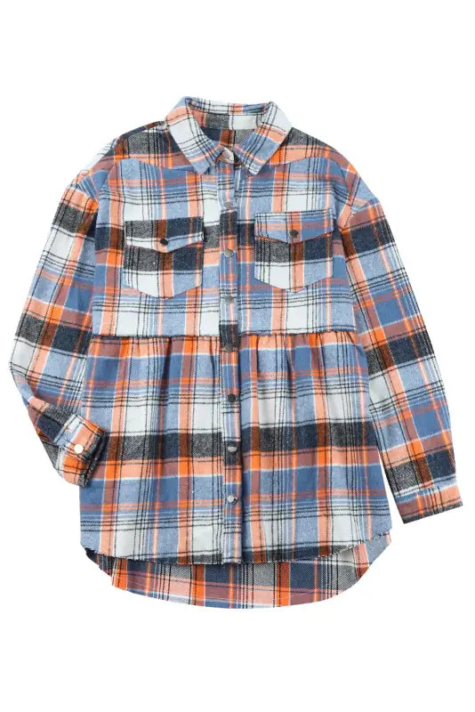 Multicolor plaid button down ruffled shirt jacket - shackets