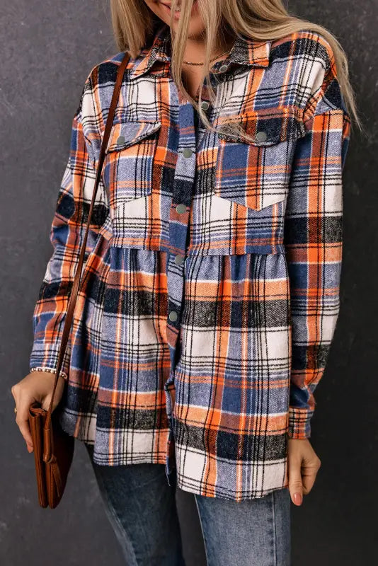 Multicolor plaid button down ruffled shirt jacket - shackets