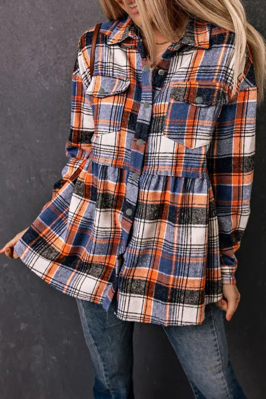 Multicolor plaid button down ruffled shirt jacket - shackets