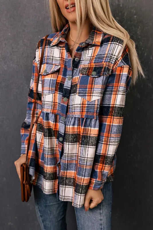 Multicolor plaid button down ruffled shirt jacket - shackets