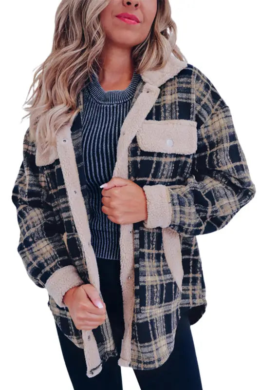 Multicolor plaid contrast sherpa flap pocket snap button shacket - jackets