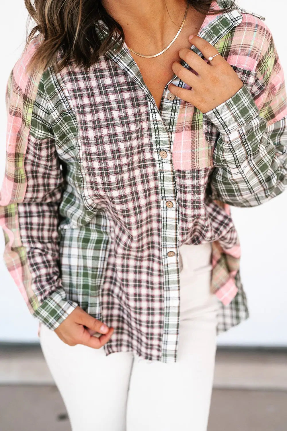 Multicolor plaid patchwork high low oversized shirt - tops