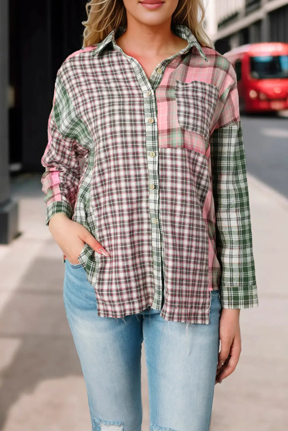 Multicolor plaid patchwork high low oversized shirt - tops