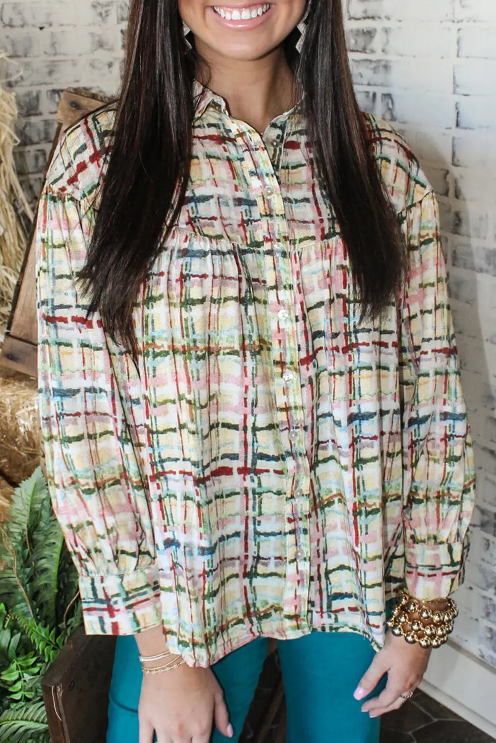 Multicolor plaid pattern puff sleeve button up shirt - l / 100% polyester - blouses & shirts