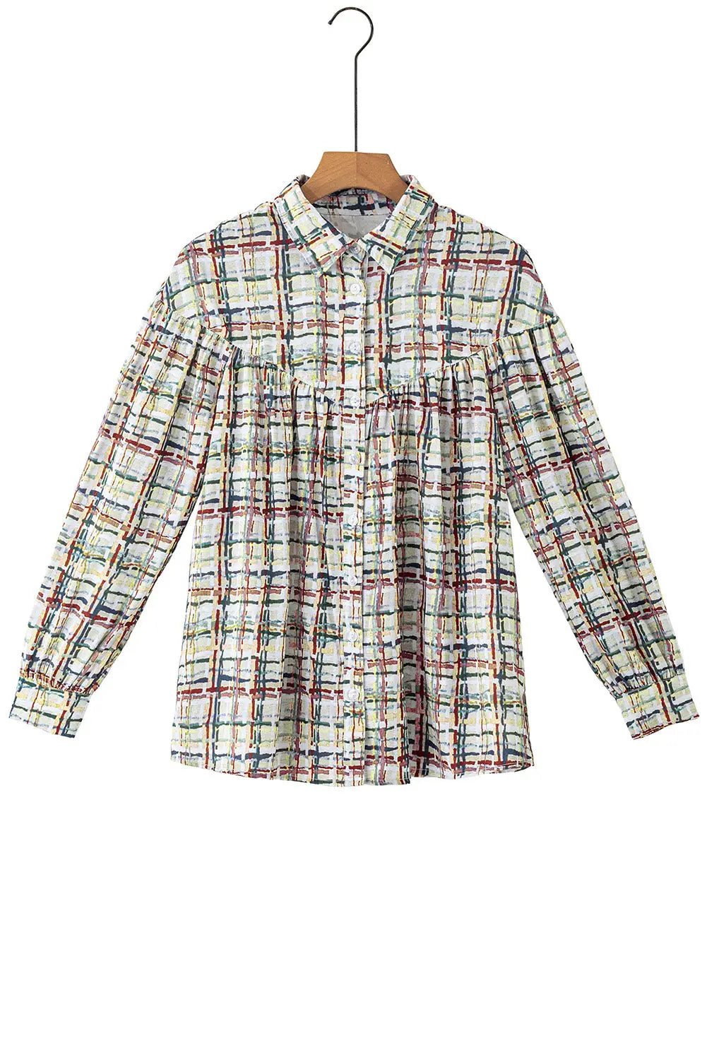 Multicolor plaid pattern puff sleeve button up shirt - blouses & shirts