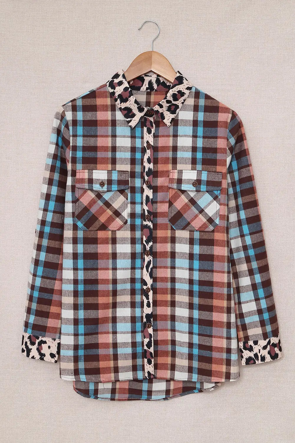 Multicolor plaid print leopard trim shirt jacket - shackets