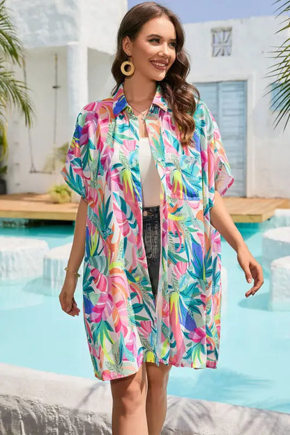 Multicolor plant print button-up half sleeve beach cover up - one size / 100% polyester - cover-ups